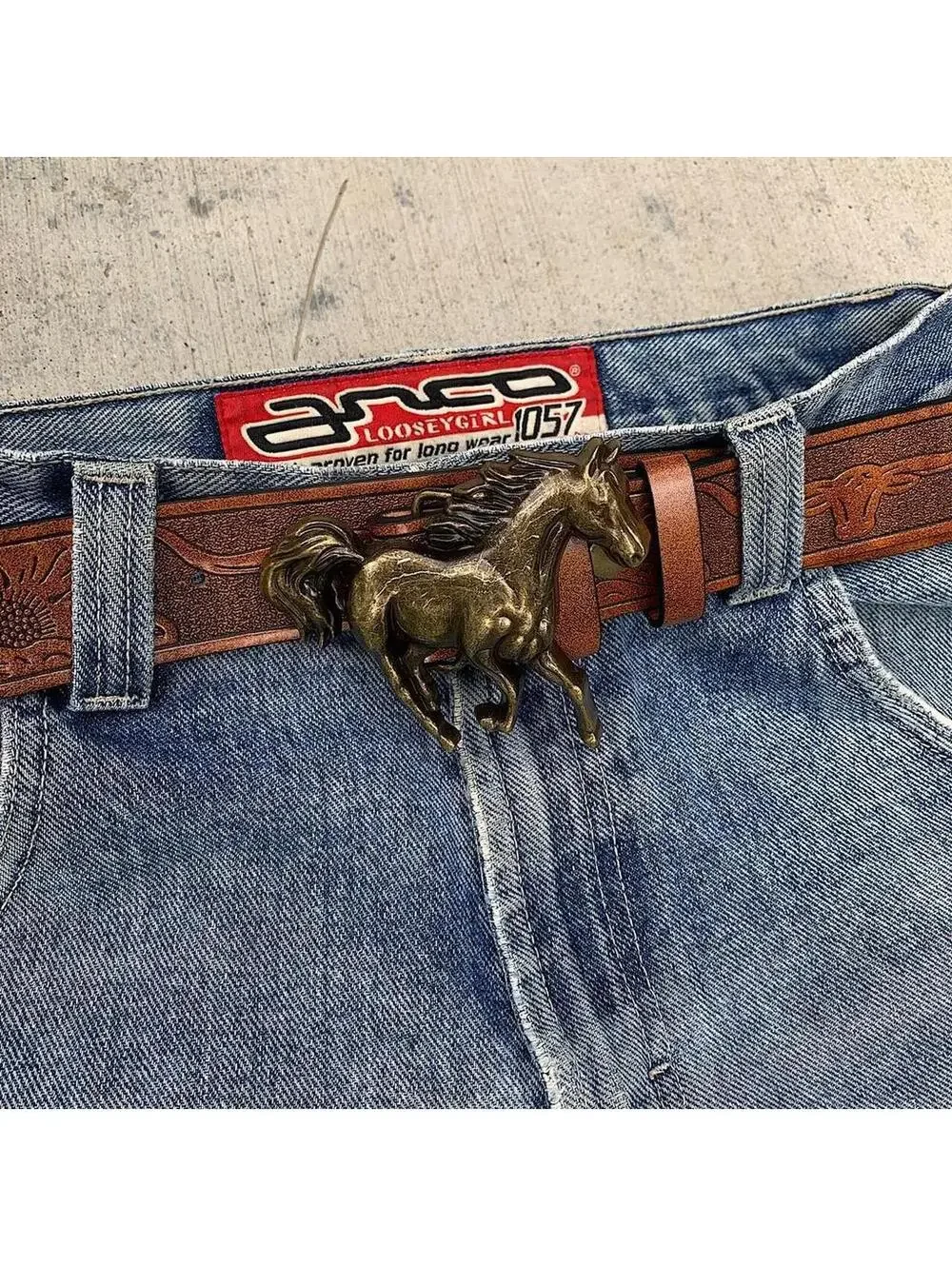 Y2K Western Cowboy Brown Blue Leather Belt 43 Inch